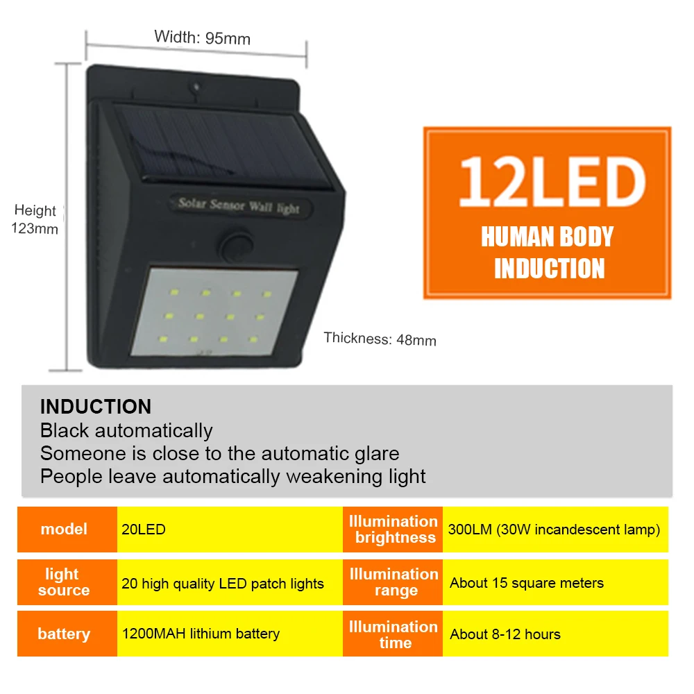 Светодиодный уличный фонарь на солнечной батарее 20 светодиодный PIR датчик