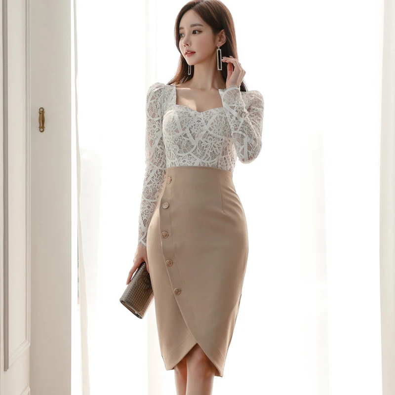 

Модные Удобные облегающие комплекты для женщин в рабочем стиле, кружевной перспективный сексуальный рубашка и юбка-карандаш, темпераментн...