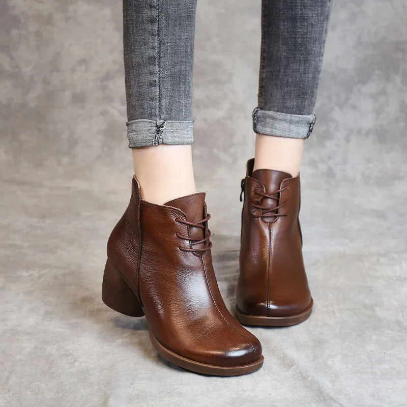 

CEYANEAONew Handmade Women Boots Retro Genuine Leather Ankle Boots For Women Winter Warm Shoes Round Toe Thick Heel Boots Woman