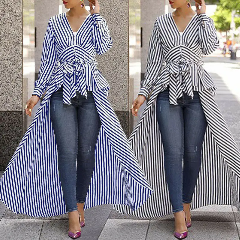 S\M\L\XL Women's Fashion Long Sleeve Irregular V-Neck Shirt Leisure Blouse High Low Tunic stripe Tops Dress | Женская одежда