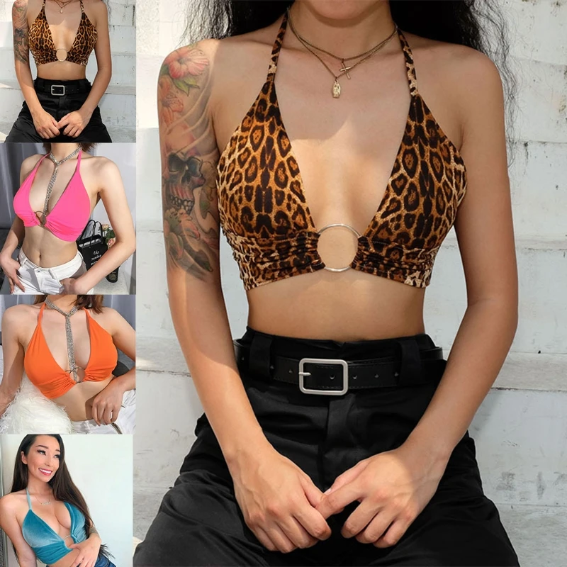 

Women Sexy Halter Tie Crop Top Ruched O-Ring Deep V-Neck Backless Camisole Neon Solid Color Casual Bralette Clubwear