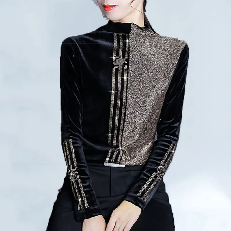 Winter Female T-shirt Bright Silk Stitching Plus Size T Shirt Women Velvet Half-high Collar Bottoming Fashion | Женская одежда