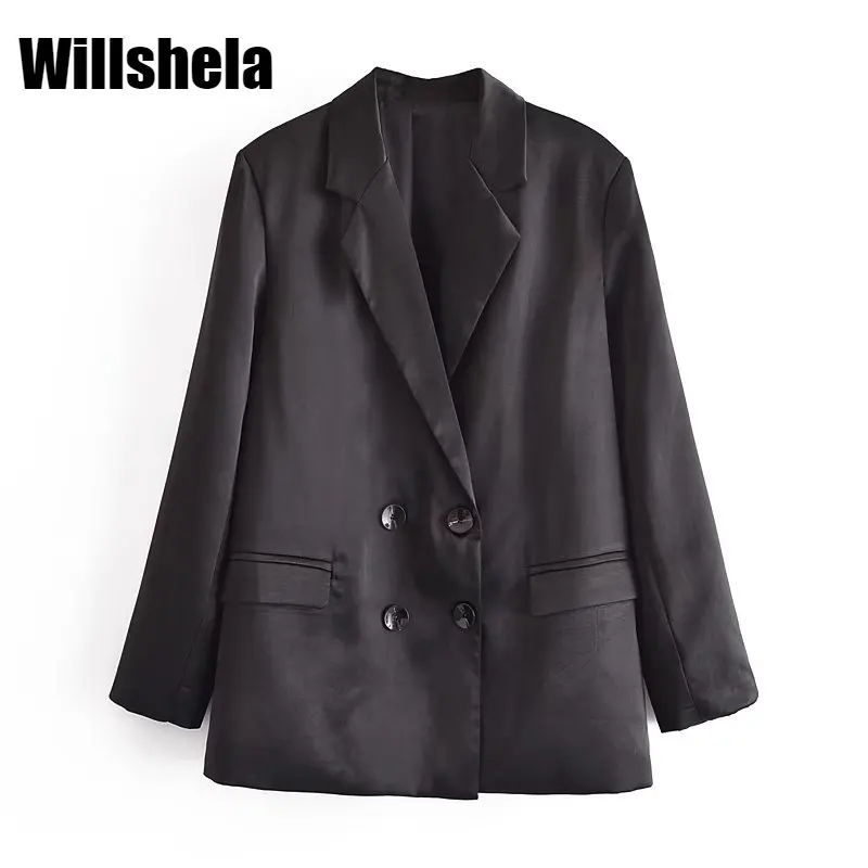 

Willshela Women Fashion Solid Double Breasted Blazer Vintage Long Sleeves Notched Neck Female Suit veste femme