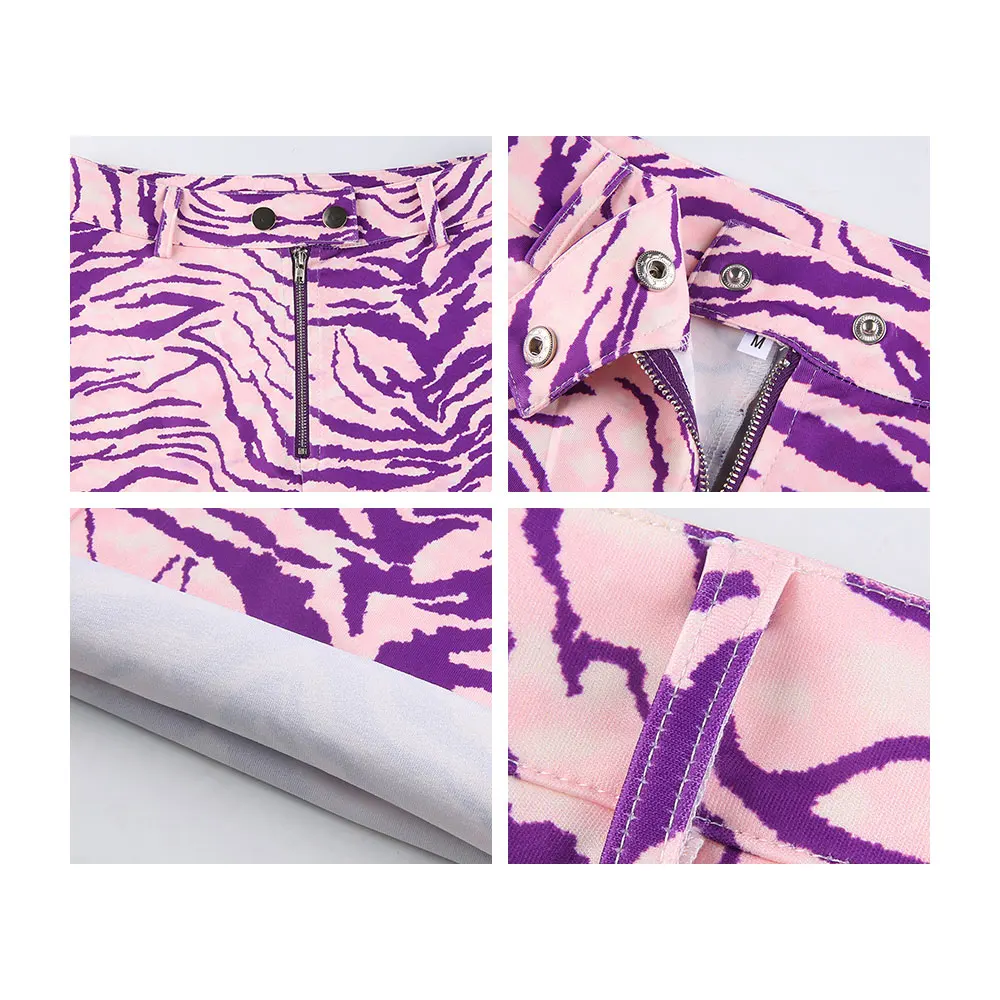 

High Street Women Zebra Printed Pants Y2K High Waist Full Length Purple Trousers Zipper Cargo Pants Aesthetic Party Clubwear