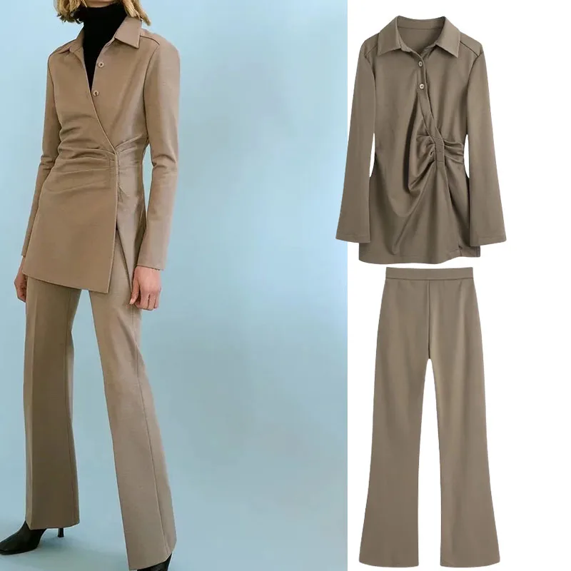 

Xypskh Za Women New Fashion 2 Piece Set Female Vintage Shirts Set Casual Blouse Tops + High Waisted Pants Set Woman Outfit Suit