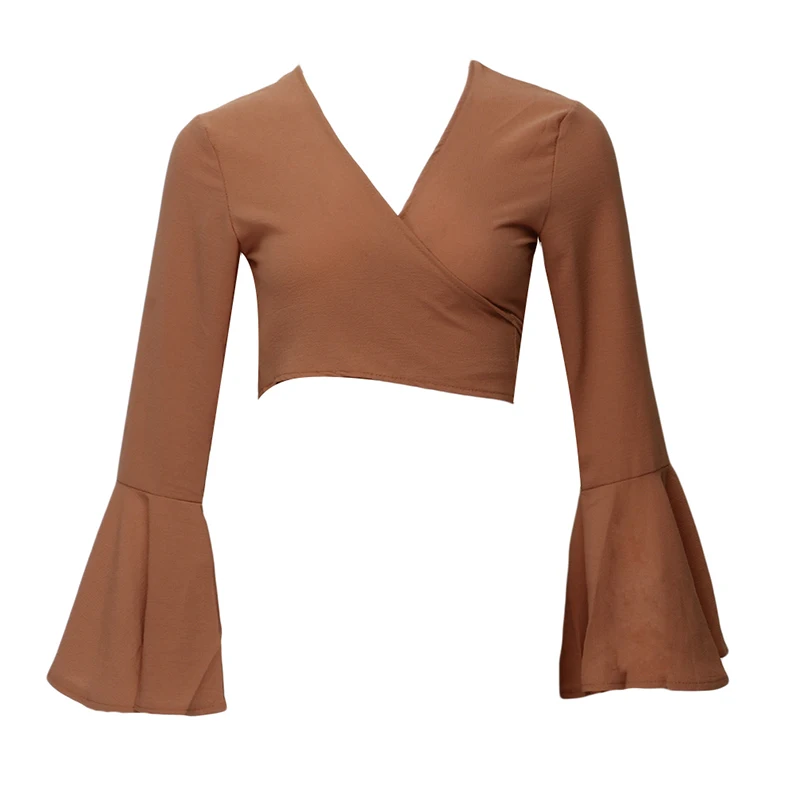 

Women Blouses V-neck Flare Sleeve Slim Fit Solid Casual Slim Women Shirts Korean Style Crop Tops Roupas Feminina