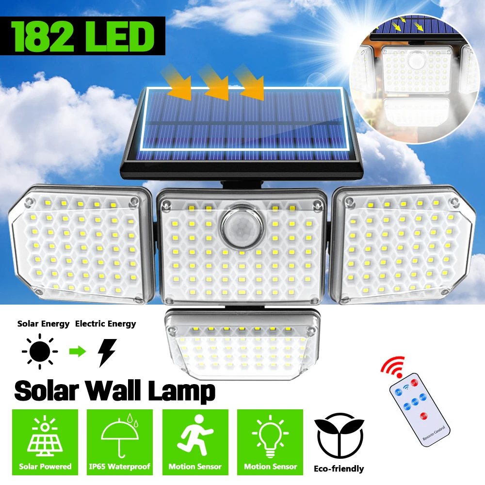 

Solar Wall Lights Outdoor Lamp Human Induction with 182 LED 4 Adjustable Heads 3 Working Modes IP65 Waterproof Security Light