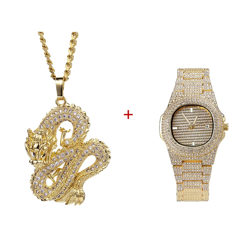 

Gold Silver Necklace +Watch+Bracelet Hip Hop Miami Curb Cuban Chain Iced Out Paved Rhinestones Bling Rapper for Men Jewelry Gift