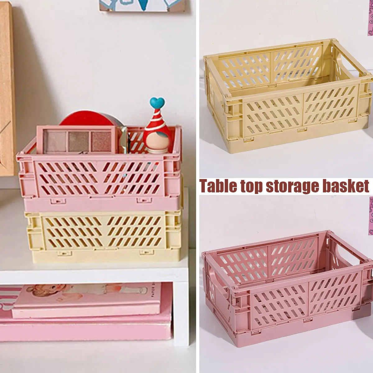 

Mini Baskets Plastic for Shelf Home Kitchen Storage Bin Organizer, Stacking Folding Storage Baskets for Classroom Bedroom Office