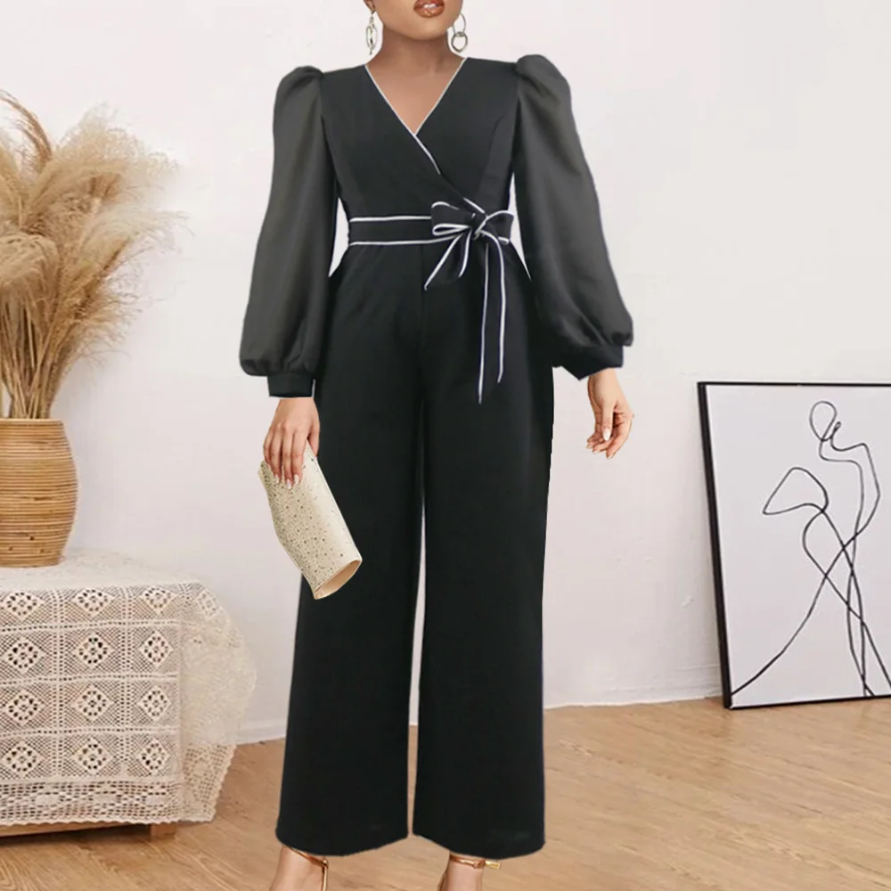 

Комбинезон женский с длинным рукавом-фонариком, черный свободный сетчатый ромпер с поясом в вечерние ле пэчворк, вечерний комбинезон