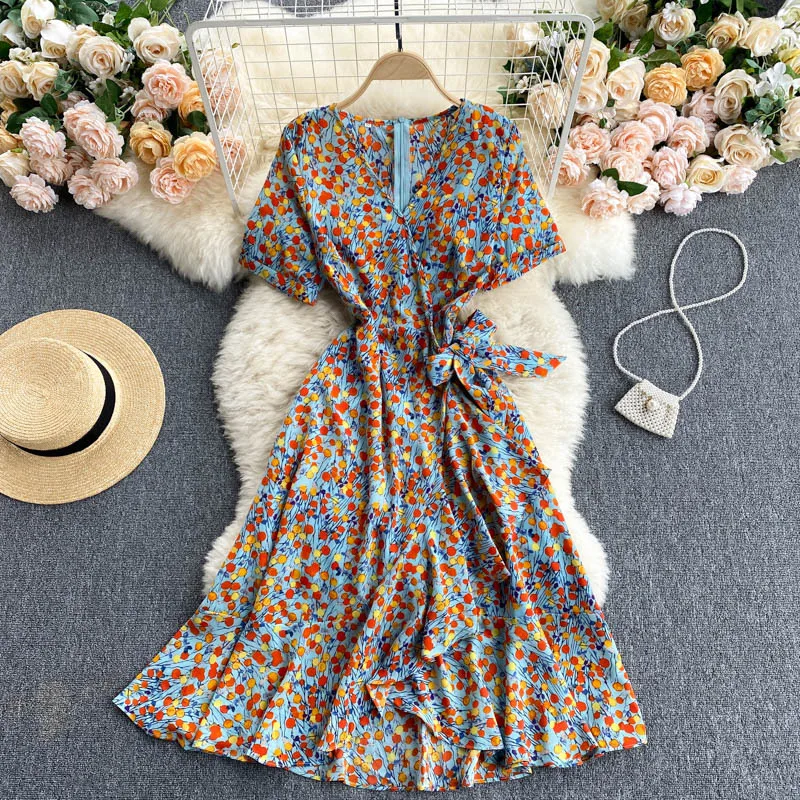 

V Neck Bandage Short Sleeve High Waist Ladies Dress 2021 New Style Spring Summer Casual Fashion Chic Dress