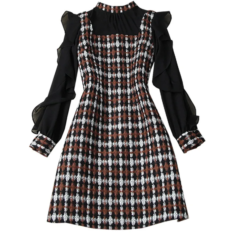 

Top Quality Designer Runway Fashion Autumn Winter Long Sleeve Plaid Tweed Woolen Dress Vintage Womens Clothing 2020 New Vestido