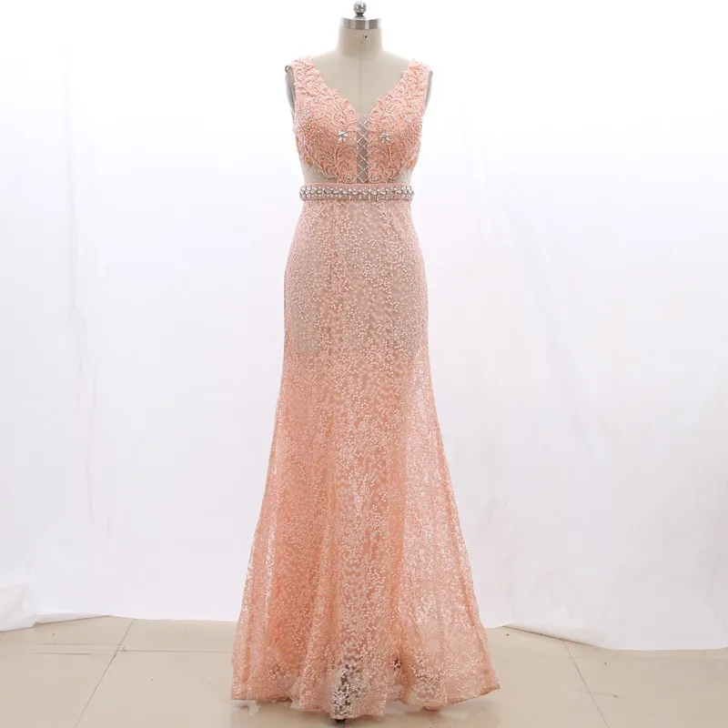 

Stock Clean Prom Dress Long Pink Lace Party Dresses No Custom Made 210219-106