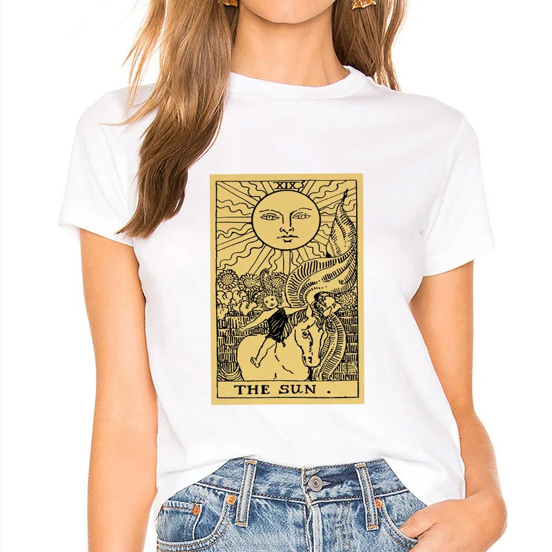 

Womens Summer T-shirt Round Neck Basic Cartoon Sun Tshirt Short Sleeve Clothing Lady Tee Tops 90s Basic Female White Tshirts