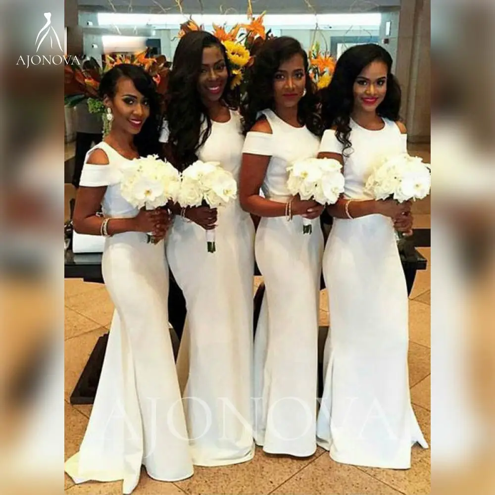 

White Satin Wedding Party Dresses for Bridesmaids Mermaid Elegant Gowns Off the Shoulder Dress Bridesmaid Woman Women 2021