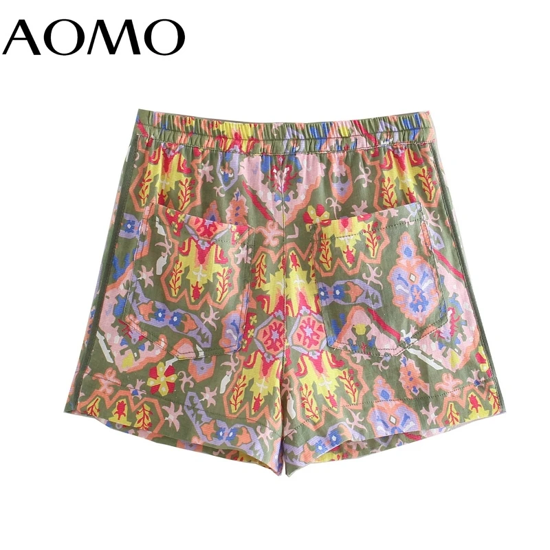

AOMO Women Vintage Floral Shorts Pockets Strethy Waist Female Retro Casual Shorts Pantalones 5Z291A