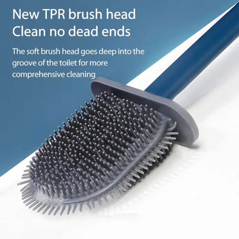 

Toilet Brush Water Leak Proof With base Silicone Wc Flat Head Flexible Soft Bristles Brush with Quick Drying Holder Set Dropship