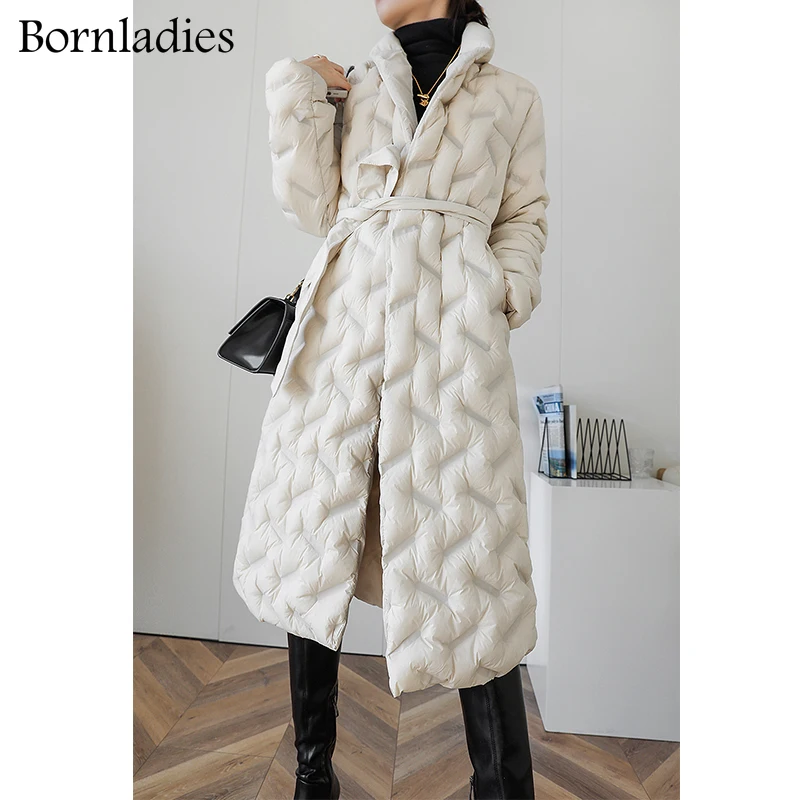 

Bornladies Women Korean Style Slim 90% Duck Down Puffer Jacket 2021 Autumn Winter Female Thick Warm X-Long Creasing Belted Coat