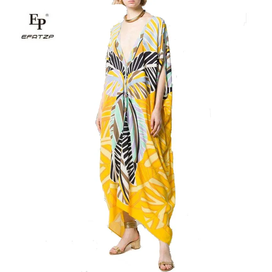 

EFATZP свободное платье большого размера в стиле кафтан женские желтые геометрические вязаные эластичные шелковые длинные платья из Джерси