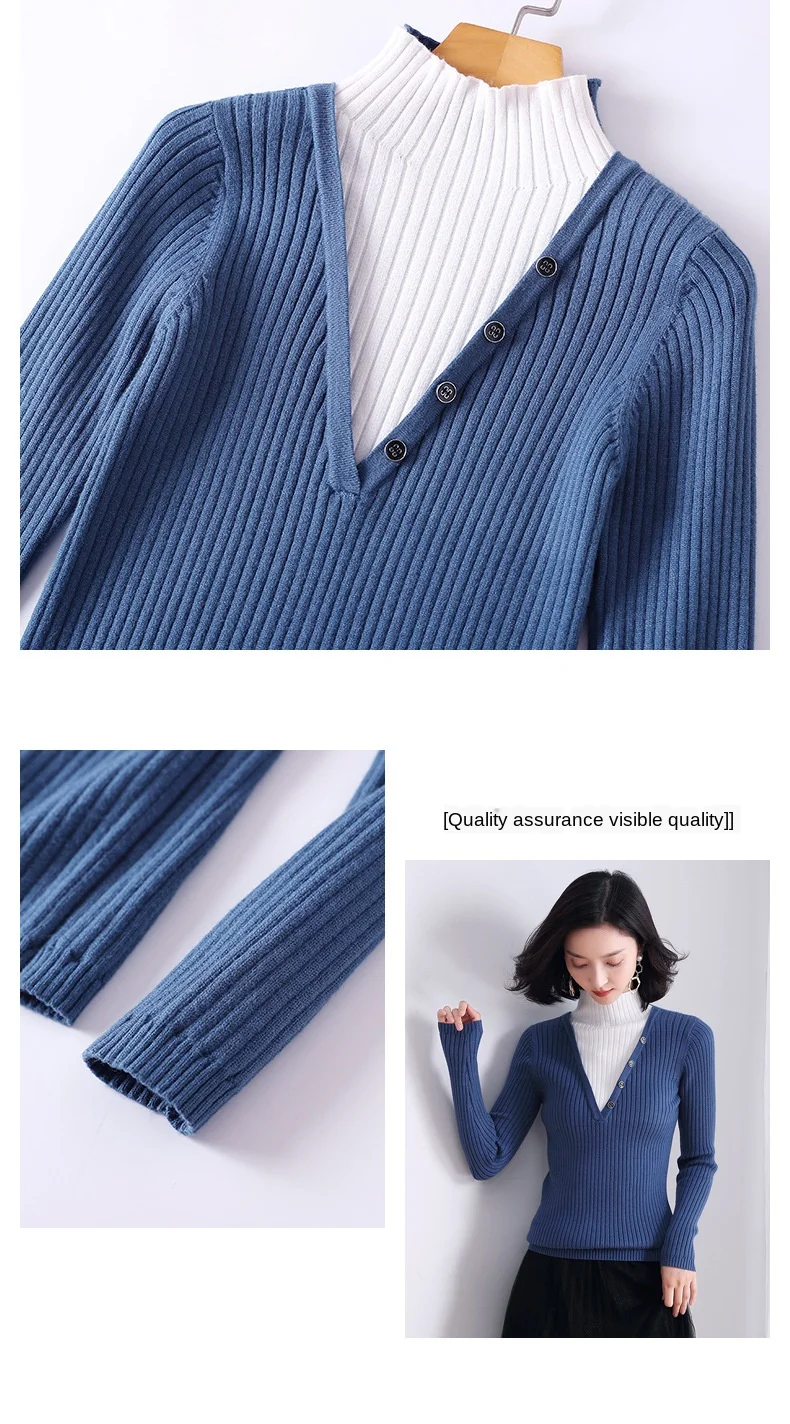 

Женский свитер-водолазка из двух предметов, пуловер с длинными рукавами и декоративными пуговицами, комбинированная контрастная нижняя ру...