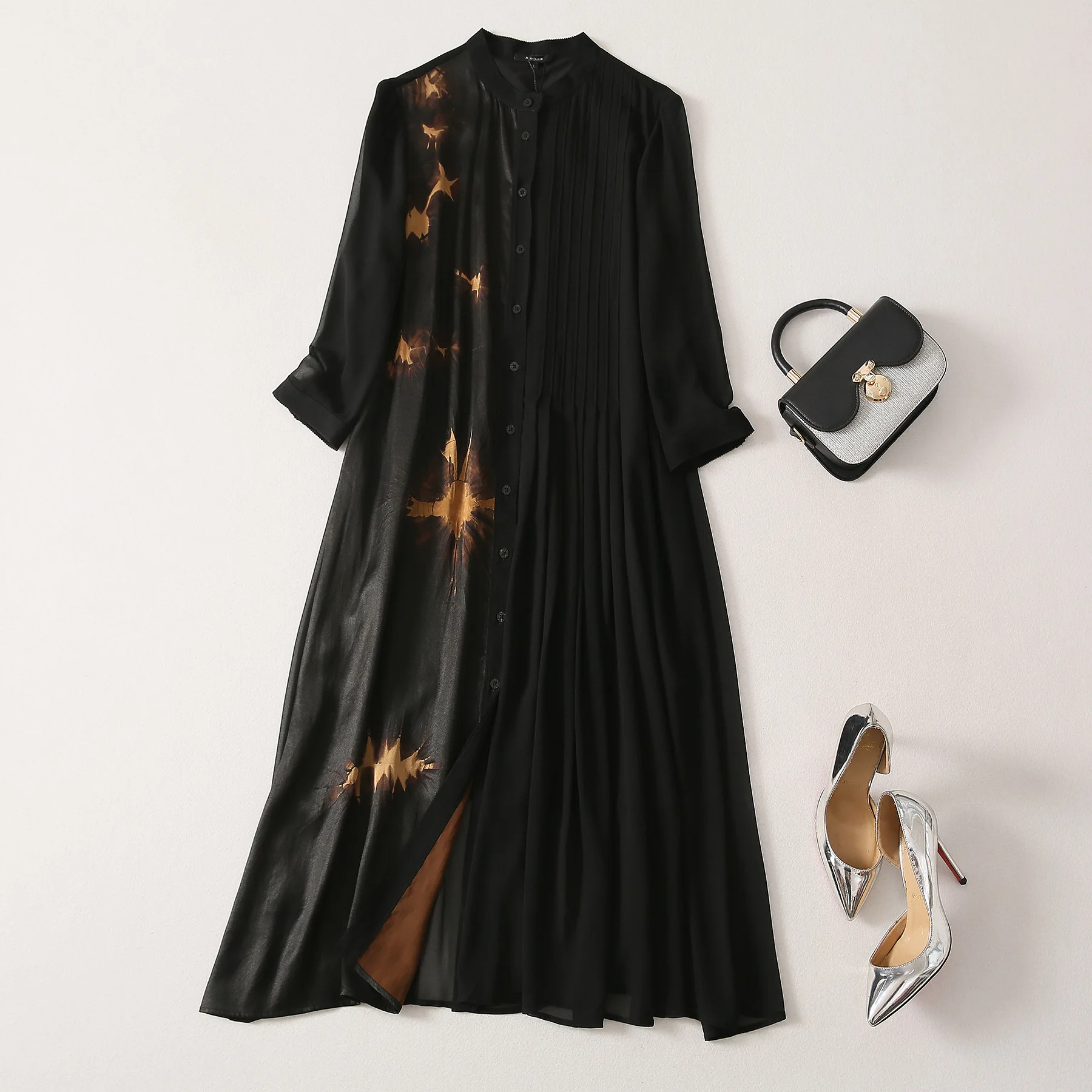 

2021 silk shirt skirt ethnic style printing stitching temperament commuting loose waist stand collar single breasted cardigan