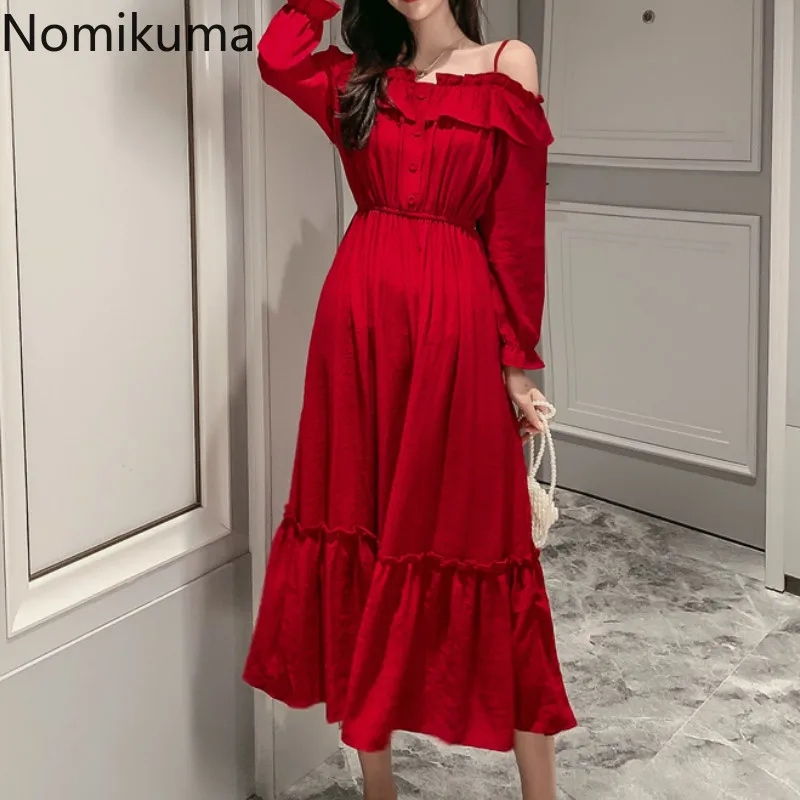 Женское винтажное платье Nomikuma однотонное с длинным рукавом и открытыми плечами