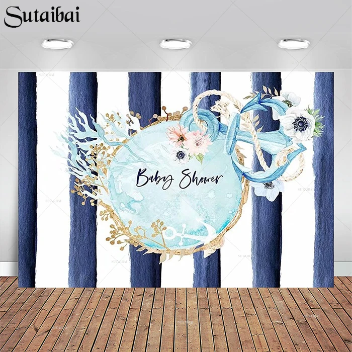 

Ahoy It's A Boy Nautical Baby Shower Backdrop Watercolor Blue Floral Anchor Decoration Babyshower Party Background Photography