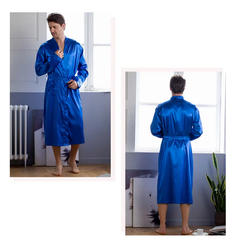 

New Luxury Bathrobe Mens Viscose Robe Pajamas Kimono Home Bath Gown Spring Summer Male Nightgown Blue