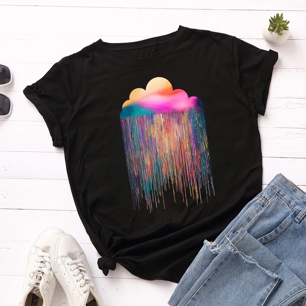 

Rainbow Rain Women Short Sleeve 100% Cotton T-Shirts Graphic Tees Summer Tee Tops for Female Loose Casual Oversized Tee Clothes