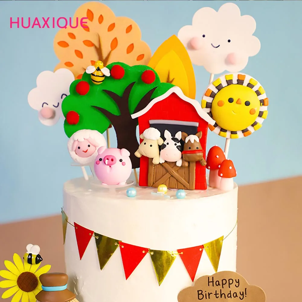 

Soft Pottery Animal Farm Cake Pastoral Style Clay Boy Girl Cake Plug-In Happy Birthday Dress-Up Plug-in Party Decoration Supplie