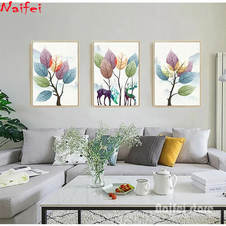 

5d Diamond Painting Abstract Colorful Leaves And Elk diy mosaic Triptych Full Square Round Drill Diamond Embroidery Home Decor