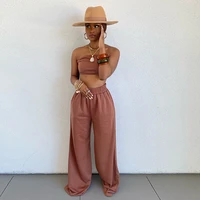 women two piece set outfits off the shoulder strapless holiday crop top and loose wide leg trouser summer brown high waist