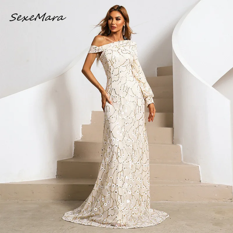 

Sequined Slash Neck Women Dress 2022 Summer Vintage Party Night Evening Luxury Dresses