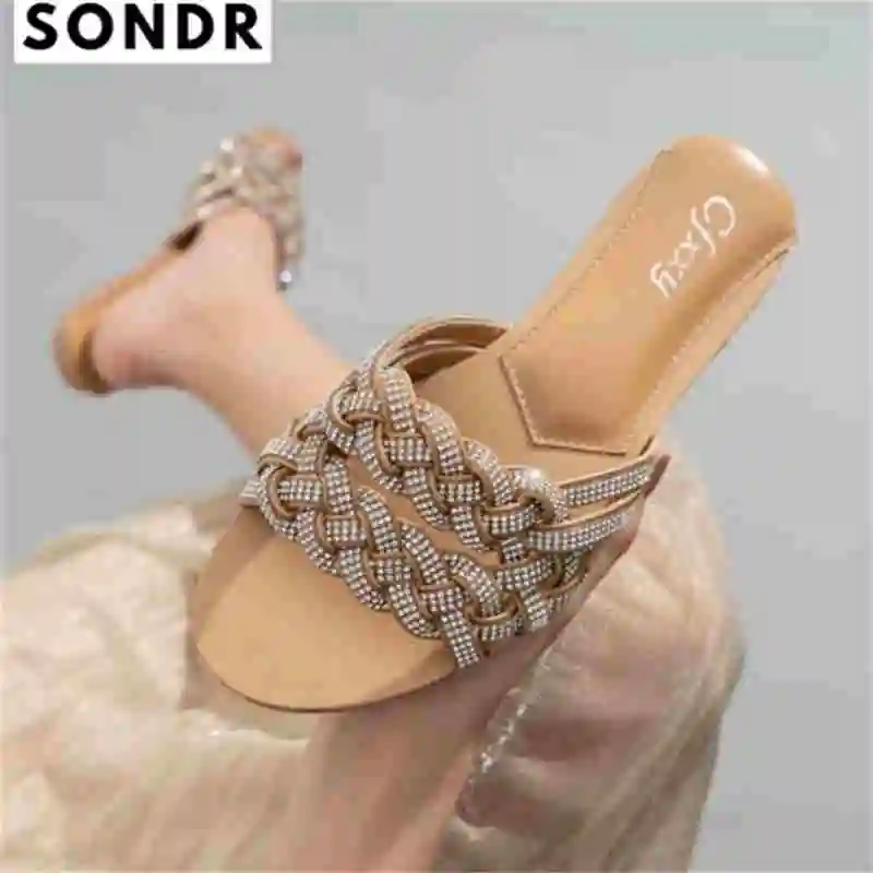 

Женские тапочки с блестящими стразами, тапки на плоской подошве для отдыха, 2022