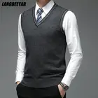 100% шерсть, высокое качество, новый осенний модный бренд, однотонный пуловер, свитер с v-образным вырезом, вязаный жилет, мужская повседневная одежда без рукавов