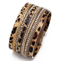european and american hot selling exaggerated diamond inlaid magnet buckle natural leopard horse hair bracelet for women
