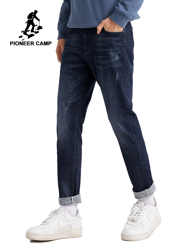 Мужские повседневные Прямые джинсы Pioneer Camp Think синие однотонные теплые удобные