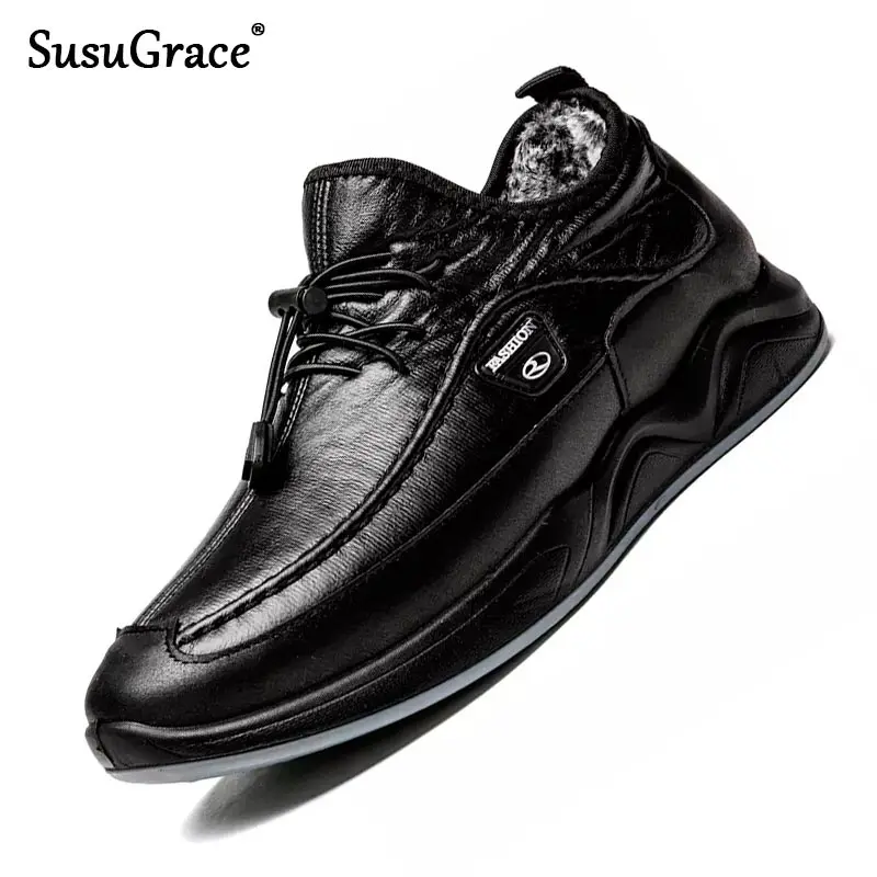 

SusuGrace Quality Men's Leather Shoes Autumn Winter Casual Flats sneakers Black Lace-Up Breathable Male Footwear Large Size 46