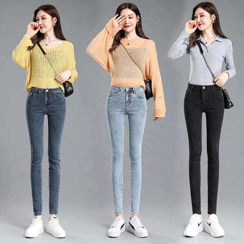 

2021 spring and autumn new high-waist nine-point jeans women's fashion slim slim stretch foot pants