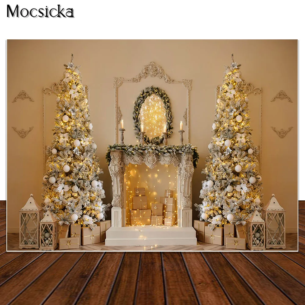 

Christmas Backdrop White Xmas Tree Decor Fireplace Photo Props Studio Booth Background Kids Baby Portrait Photoshoot Photography