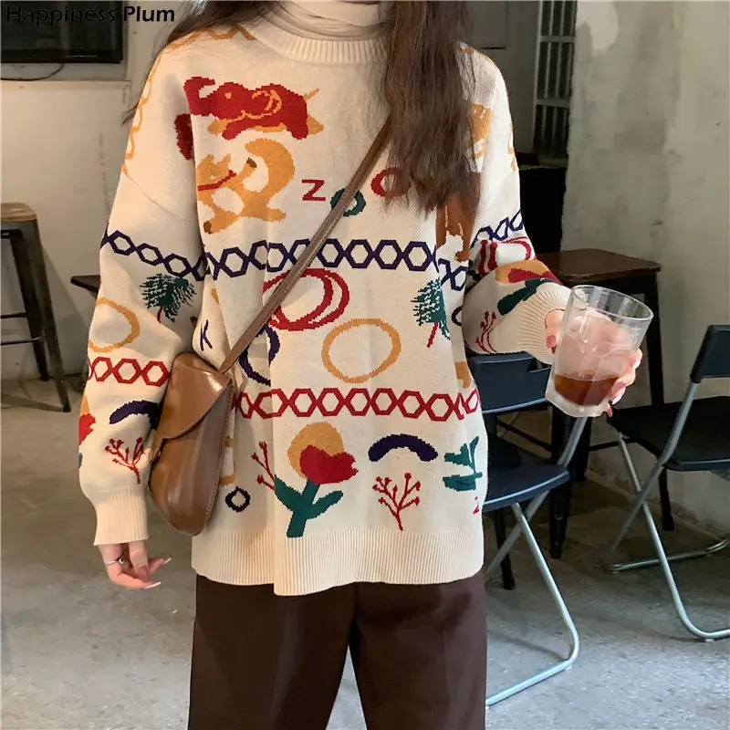 

Animal Cartoon Printed Knitted Women Sweater 2020 new Winter Fashion O neck Women Sweater Loose long sleeve Pullovers