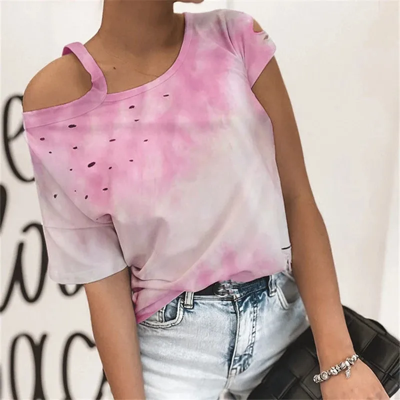 

Летние женские топ футболка сексуальная с асимметрия, на плечо футболка с круглым вырезом для женщин, с рисунком, повседневные футболки жен...