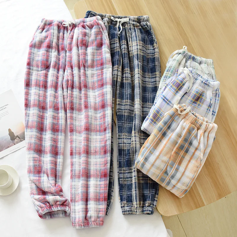 Fdfklak Japanese Style Plaid Women's Household Pants Fleece Loose Warm Sleepwear Home Pant Casual Pajamas Trousers M-2XL