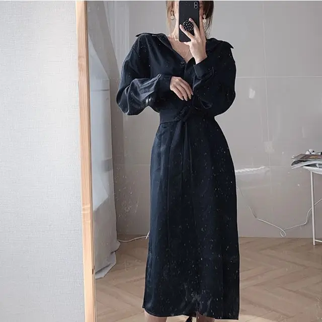 

REALEFT New 2020 Elegant Women's Shirts Dress with Belt Long Sleeve Single-Breasted Loose Dresses High Waist Chic Long Dress