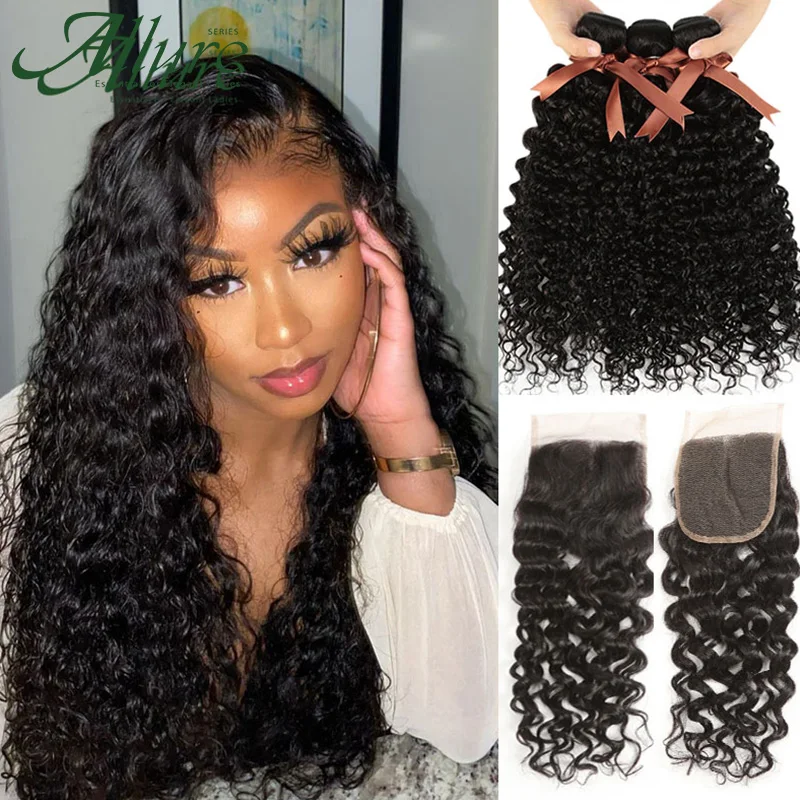 Water Wave Bundles With Closure Brazilian Hair Weave Bundles 4 Bundle Deals Human Hair Non-Remy Customized 8 To 28 Inches Allure