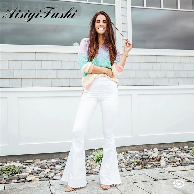 Женский трикотажный свитер в радужную полоску Свободный джемпер с длинным