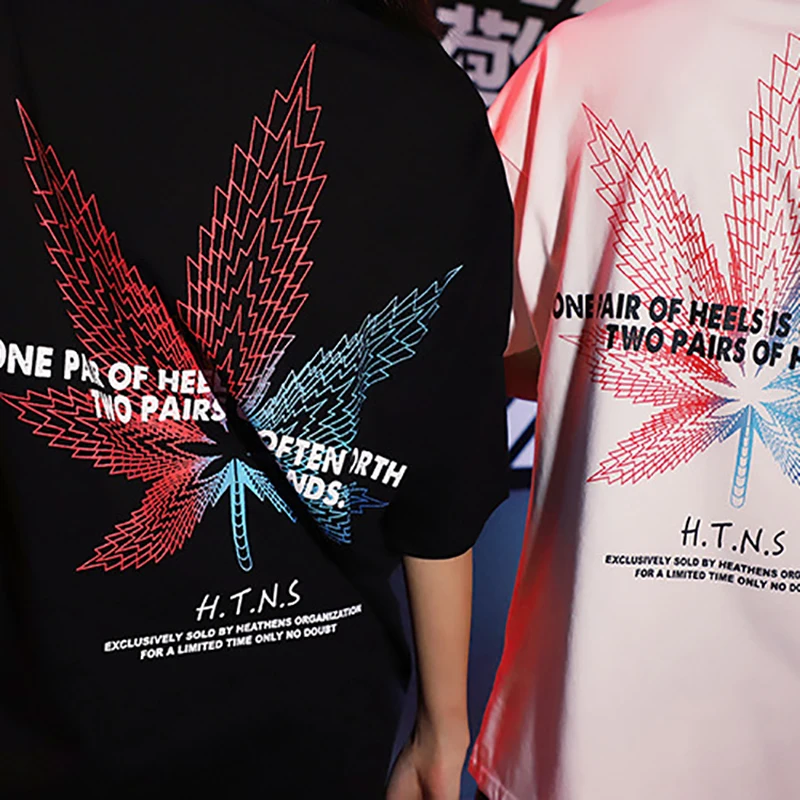 * Мода Пара кленовый принт футболка круглый воротник свободные ретро с короткими