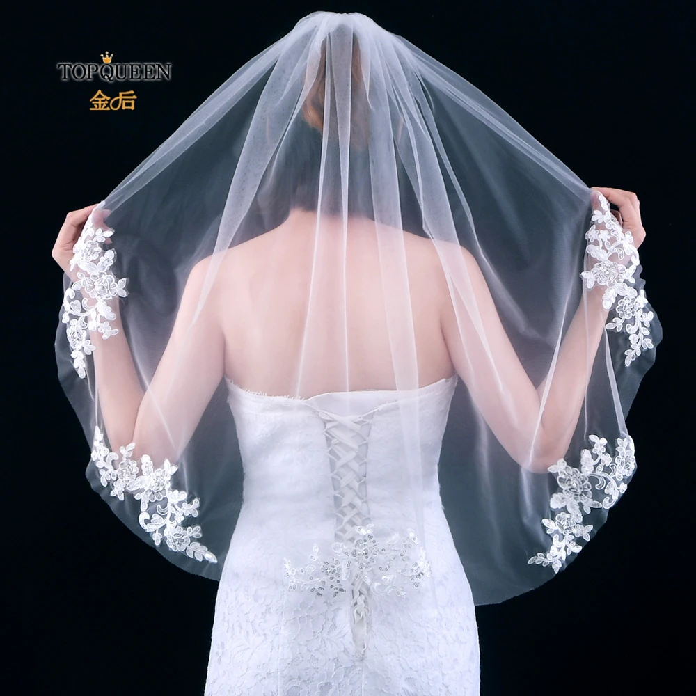 

Кружевная свадебная фата TOPQUEEN V49, длиной до локтя, с частичной отделкой, мягкая одноуровневая Фата с кружевным краем, Фата для невесты