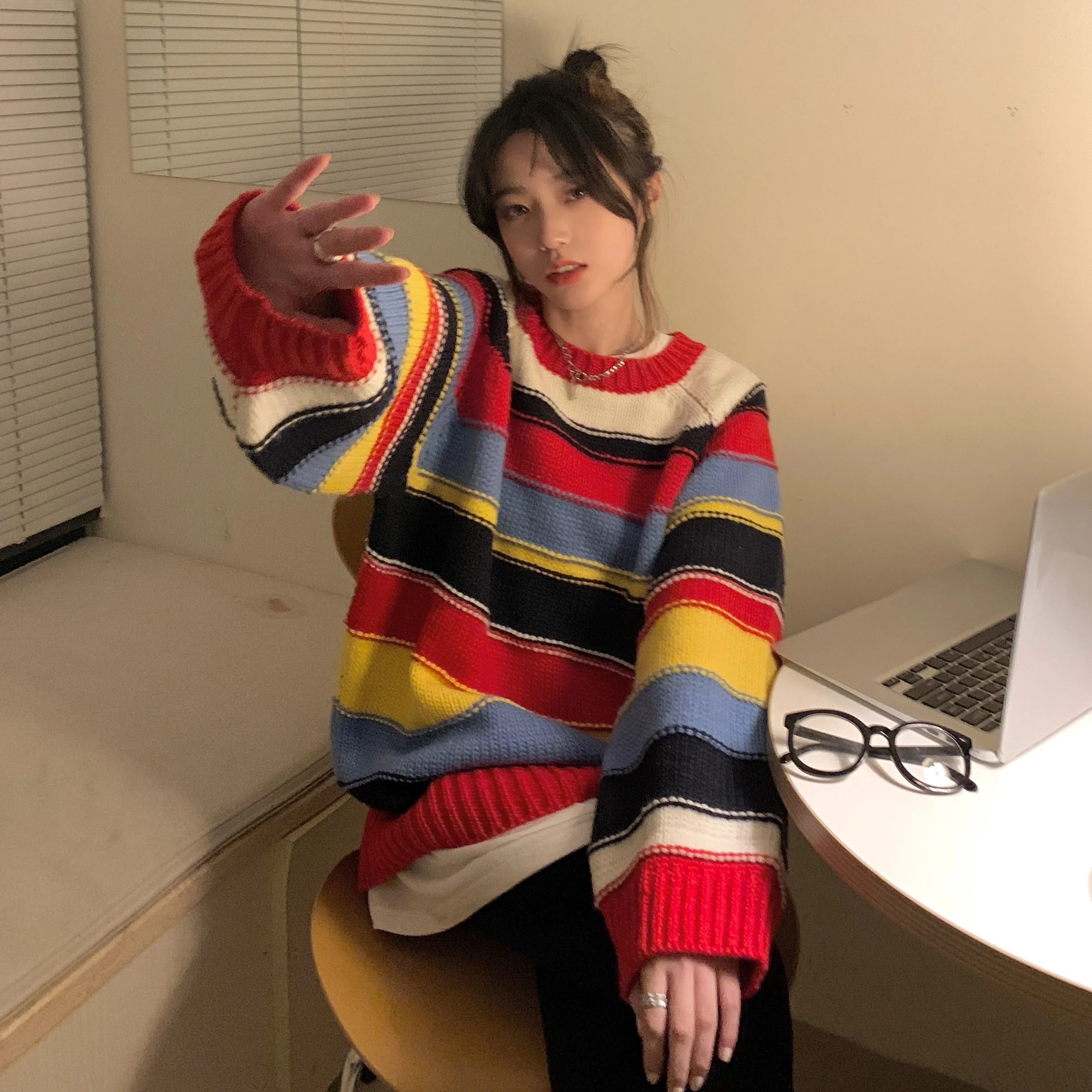 

Korean Color Stripe Splicing Sweater Girl O-Neck Pullover INS Knitted Women Autumn Winter Loose Outer Jumper Female Base Tops