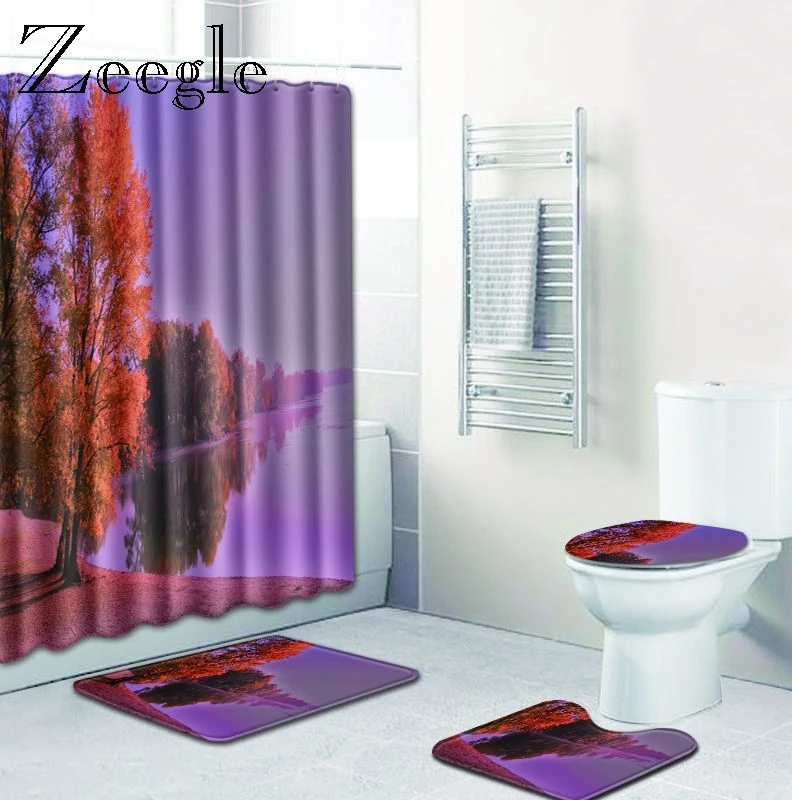 Zeegle 3d Pattern Toilet Rug Set Bath Washable Floor Mat Shower Curtain Pedestal Seat Cover Bathroom Soft Foot | Дом и сад